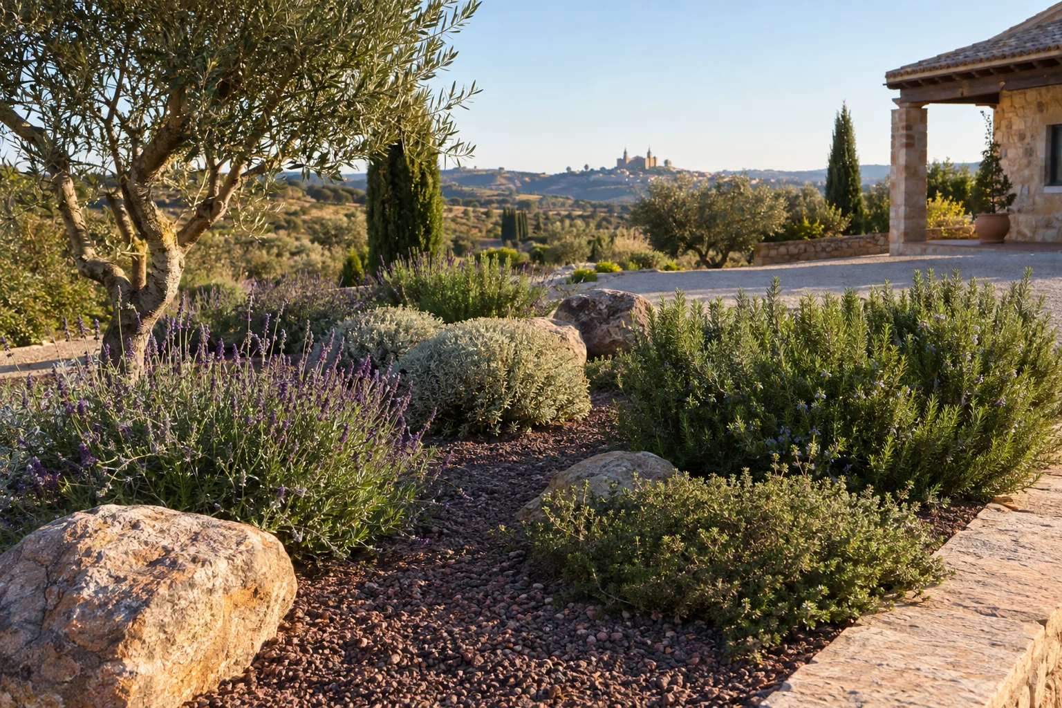 Parterres de lavanda, romero y santolina sobre grava volcánica