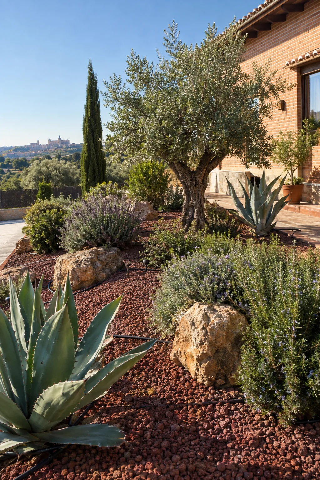 Jardín de bajo mantenimiento con grava volcánica, rocas, agaves y olivo