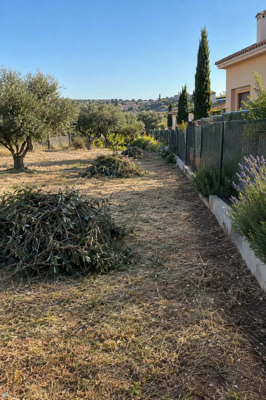 Parcela recién desbrozada junto a unos chalets con olivos al fondo