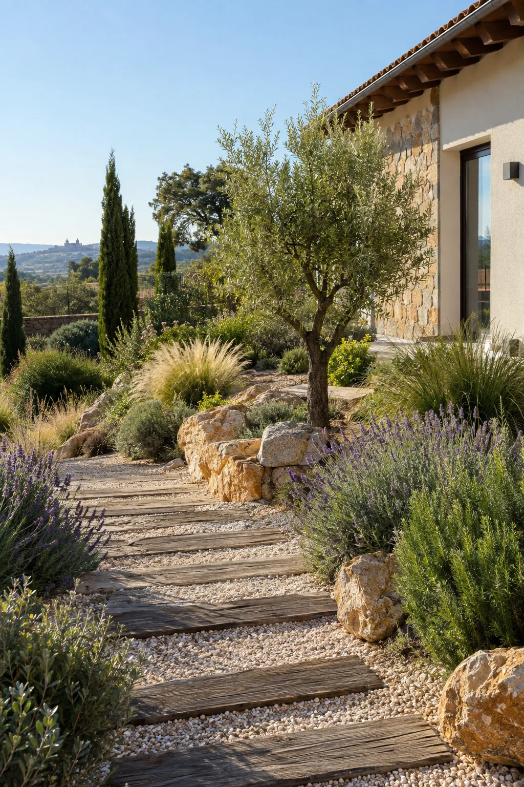 Jardín mediterráneo con sendero de traviesas, grava clara, olivo y lavandas