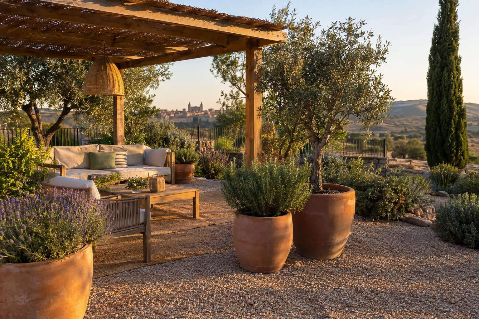 Rincón de estar con pérgola de madera, gravilla y plantas aromáticas
