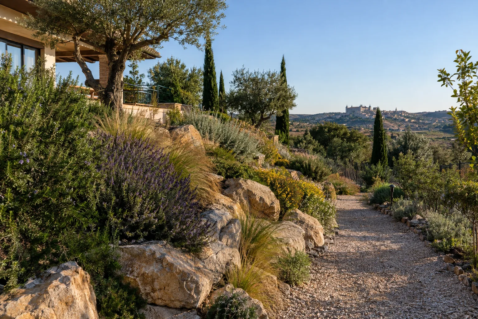 Rocalla con plantas mediterráneas y gramíneas en un talud