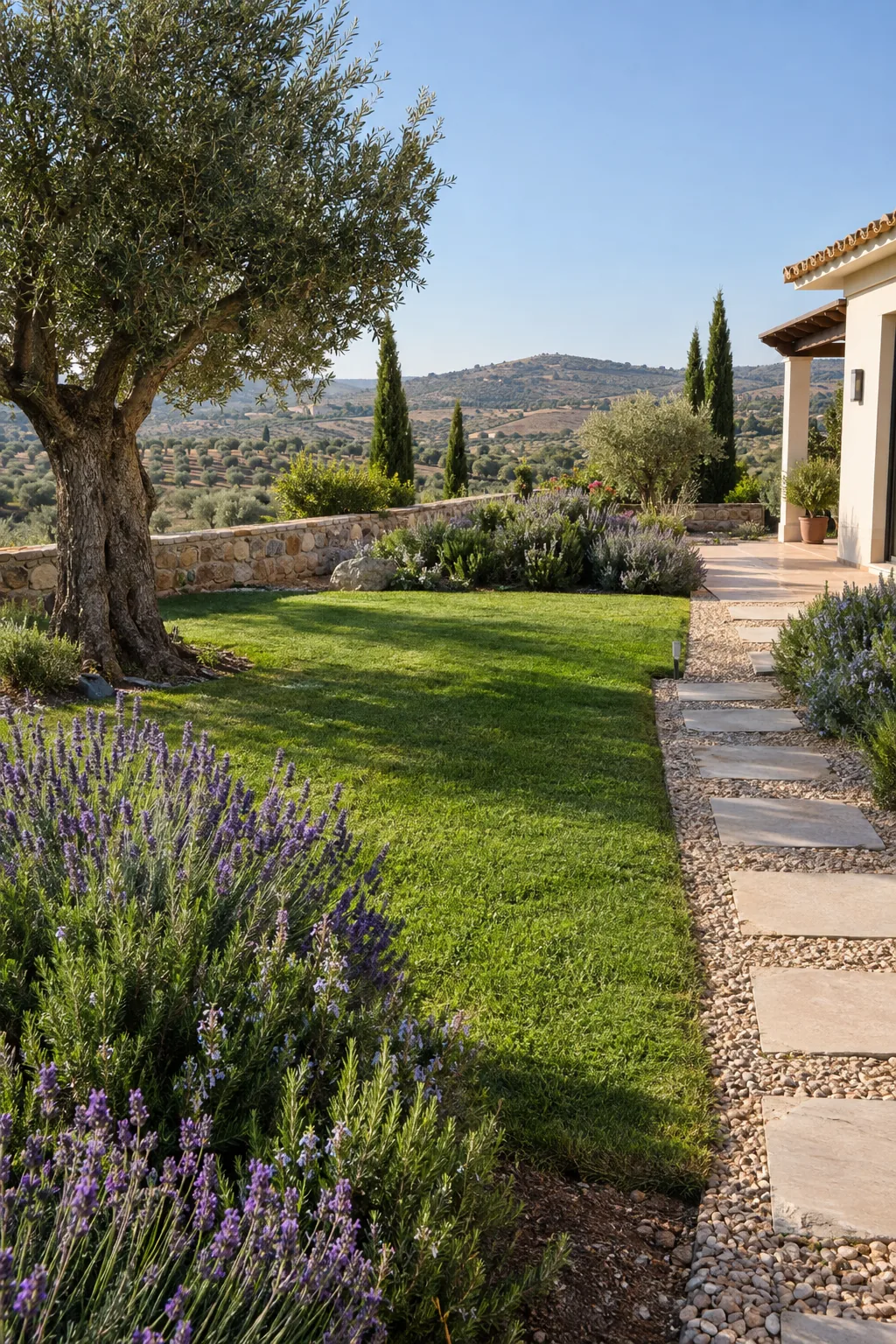 Jardín de chalet con césped, lavanda, romero y un olivo junto a un sendero de piedra