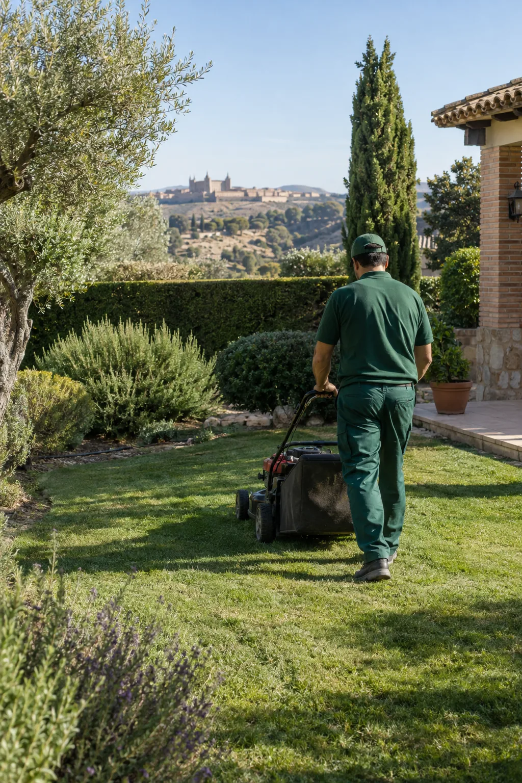 Jardinero cortando el césped de un jardín de chalet