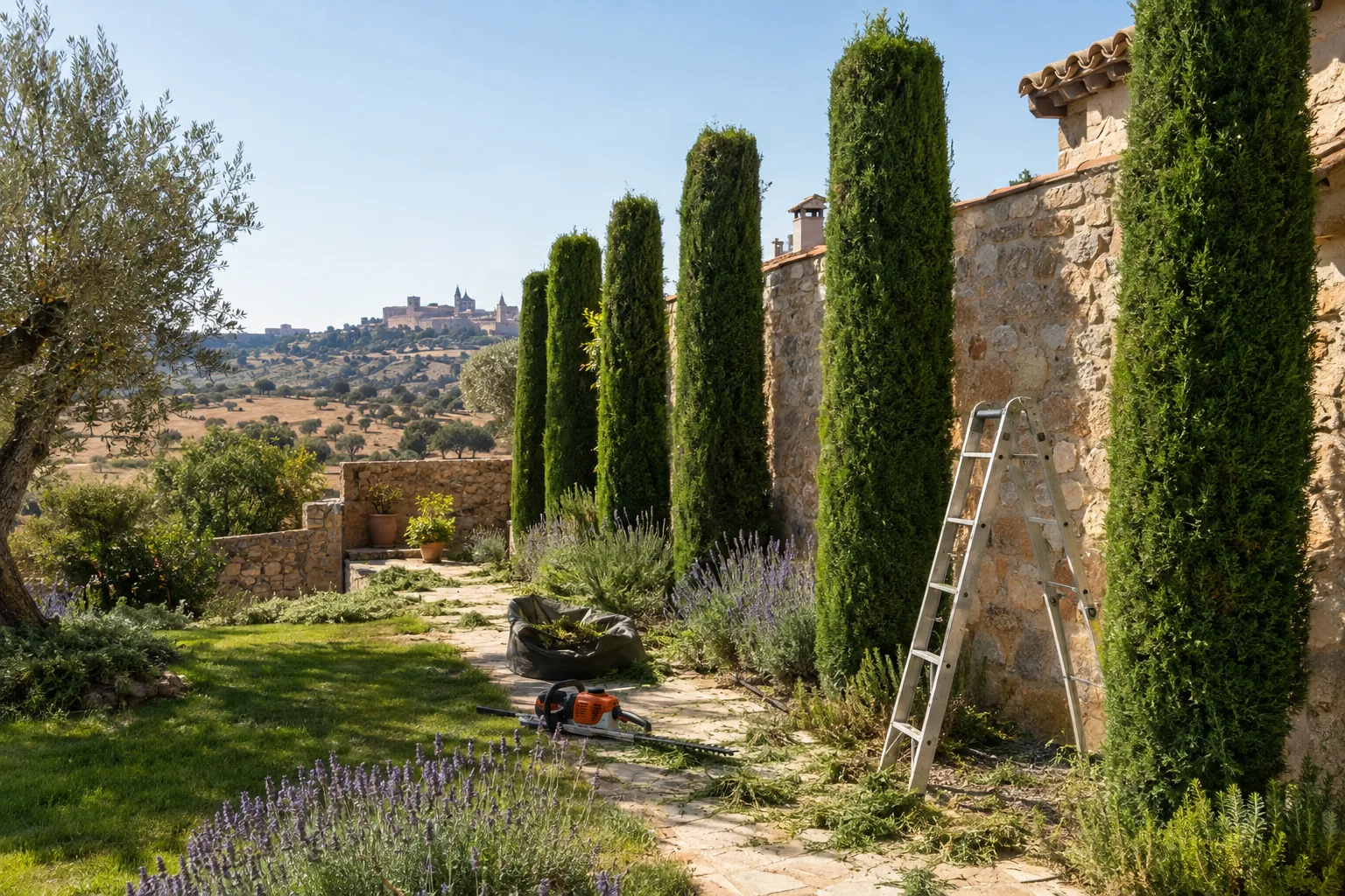 Cipreses recortados en columna a lo largo del muro de un jardín