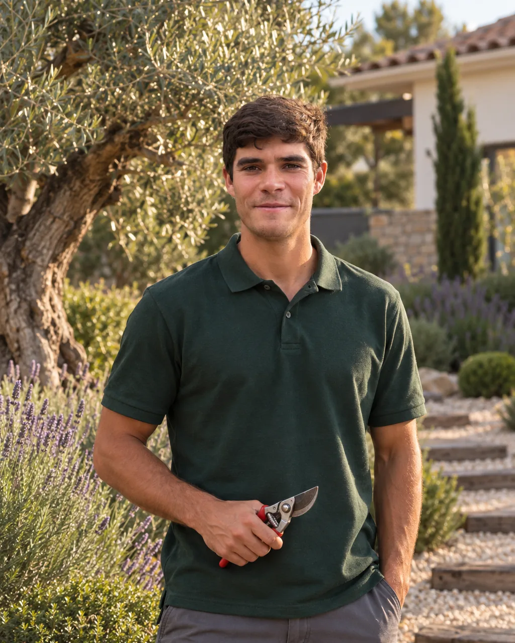 Daniel, jardinero de Green Garden Toledo, en un jardín de grava con olivo