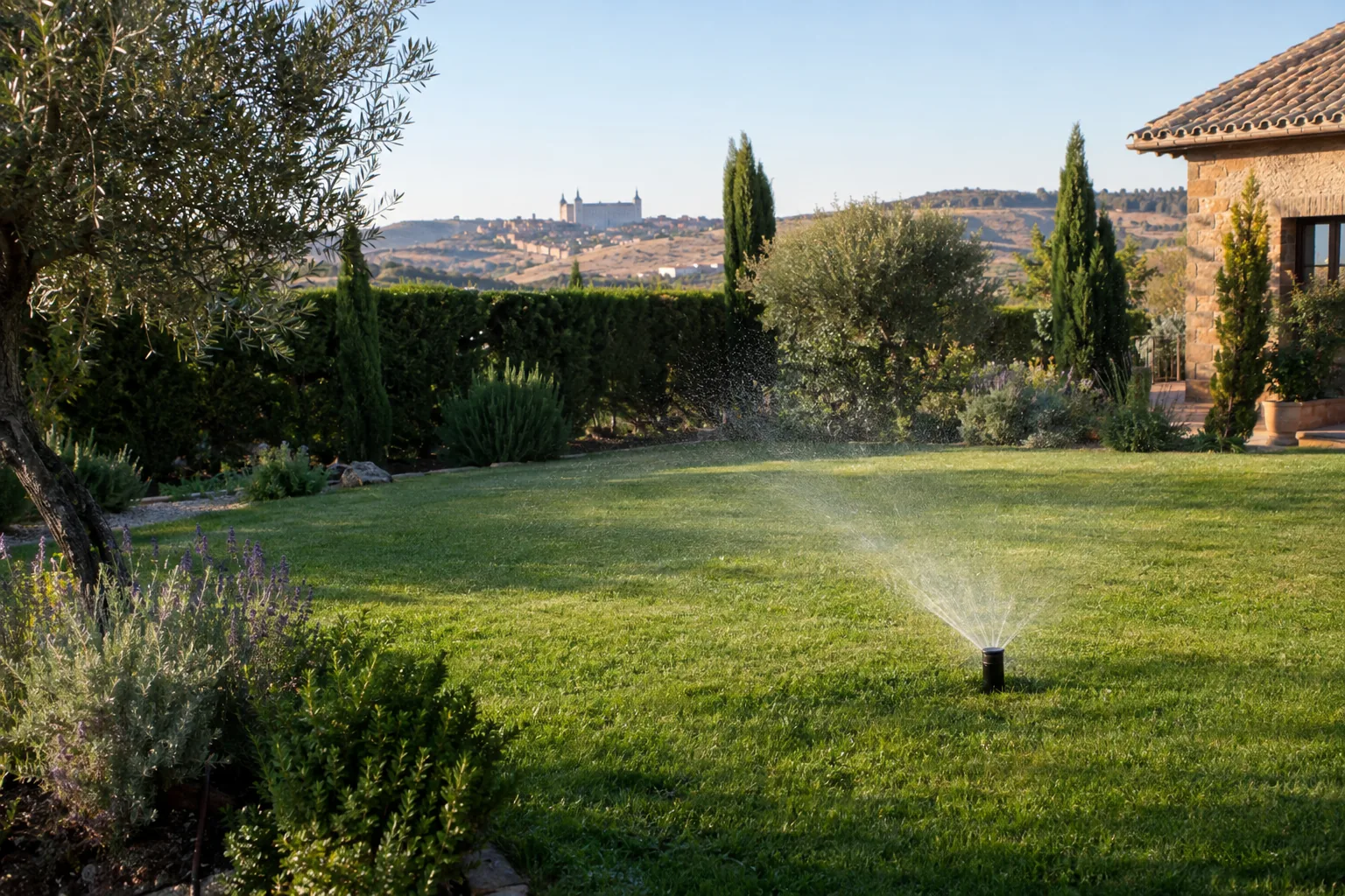 Aspersor emergente regando el césped de un jardín