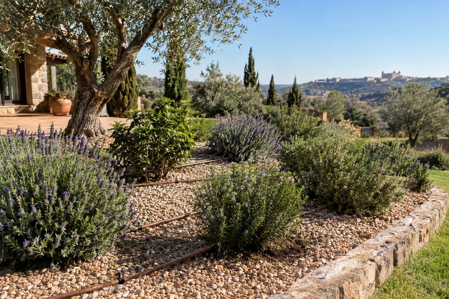 Riego por goteo en un parterre de arbustos mediterráneos