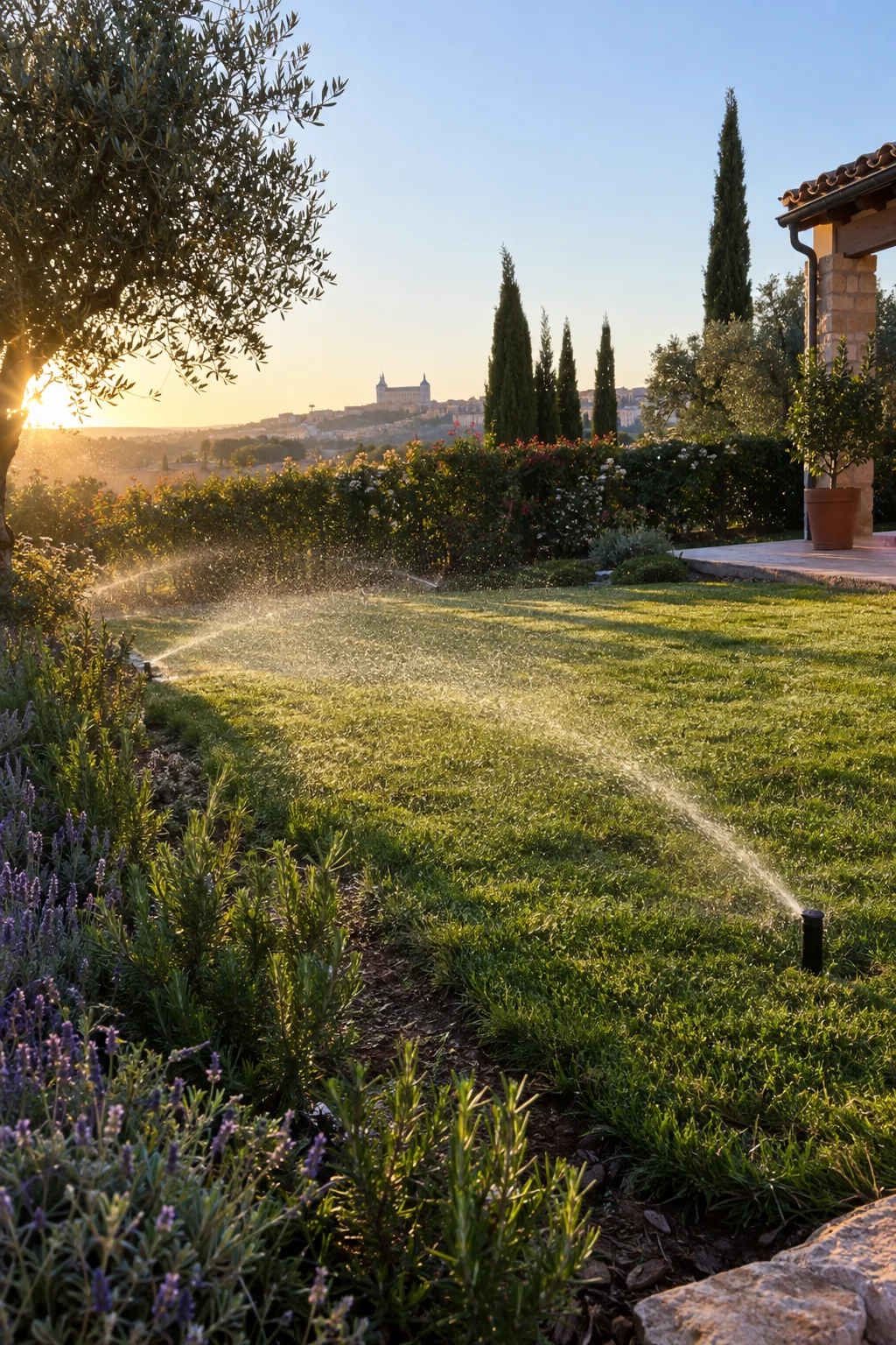 Aspersores emergentes regando el césped de un jardín al amanecer
