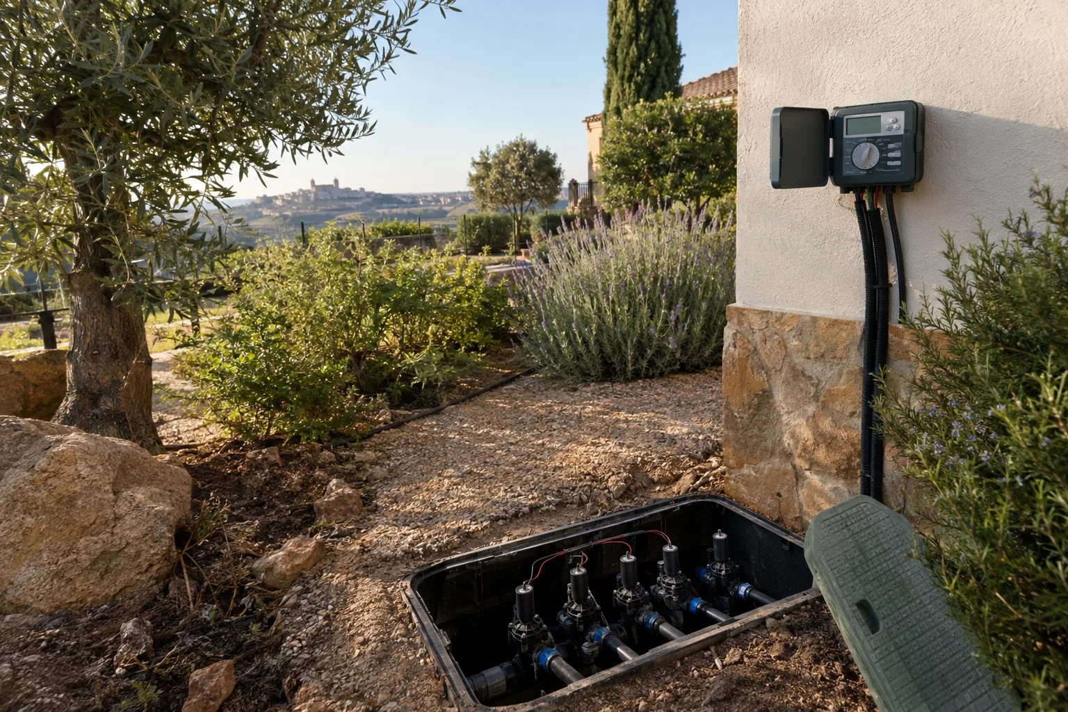 Arqueta de riego con electroválvulas y programador