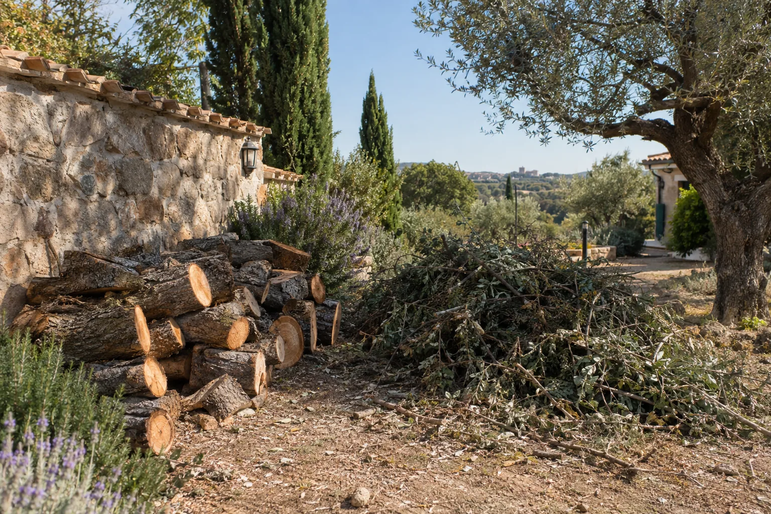 Troncos de un árbol talado apilados junto al muro de un jardín